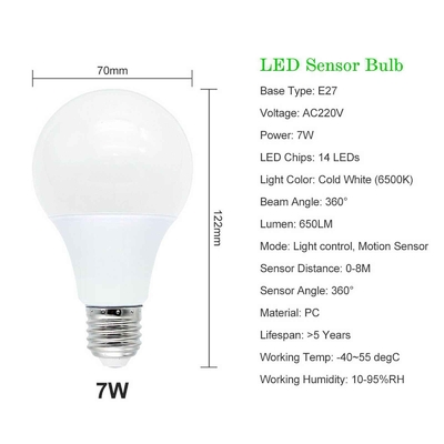 スマートセンサ電球 E27 日夜光センサー LED電球 PIRレーダーモーション検出